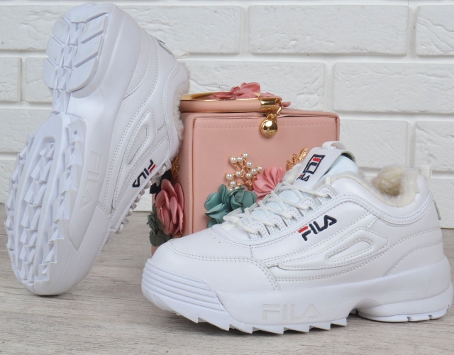 Кроссовки женские кожаные зимние Fila Disruptor 2 White белые на меху