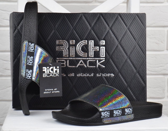 Шльопанці жіночі шкіряні Richi Black чорні Голографік хамелеон