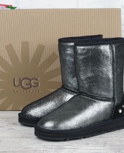 Уггі жіночі шкіряні чоботи UGG Australia чорне срібло