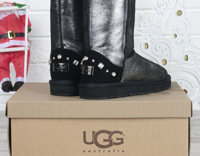 Уггі жіночі шкіряні чоботи UGG Australia чорне срібло