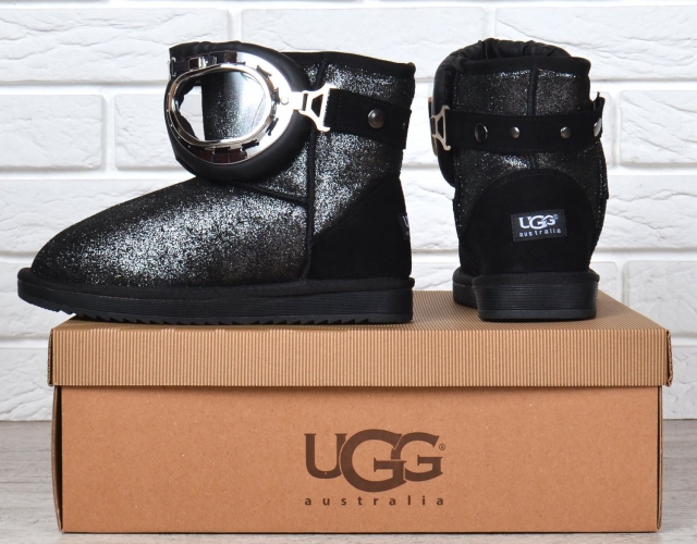 Уггі жіночі шкіряні UGG Australia з окулярами чорні срібло