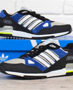 Кросівки чоловічі зимові шкіряні на хутрі Adidas ZX 750 чорні з синім