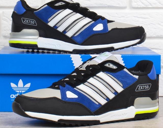 Кросівки чоловічі зимові шкіряні на хутрі Adidas ZX 750 чорні з синім