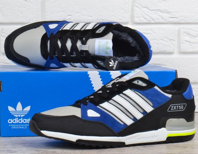 Кросівки чоловічі зимові шкіряні на хутрі Adidas ZX 750 чорні з синім