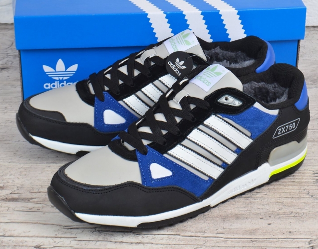 Кросівки чоловічі зимові шкіряні на хутрі Adidas ZX 750 чорні з синім