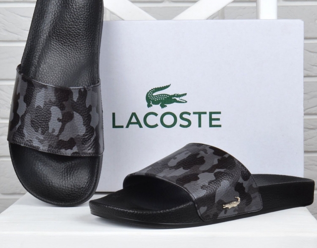 Ляпанці чоловічі шкіряні Lacoste Military сірий камуфляж